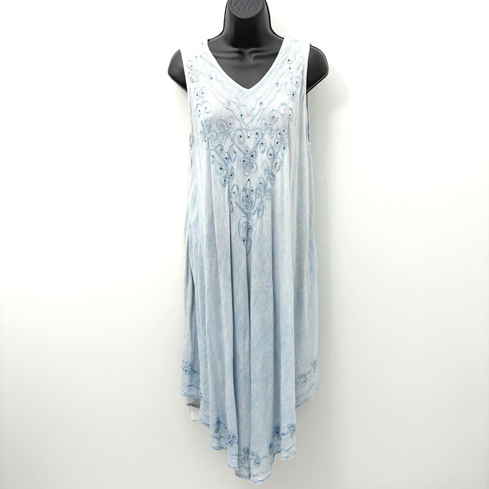 Vintage Tunic Dress Embroidered Rhinestone Handkerchief Hem OS Light Blue